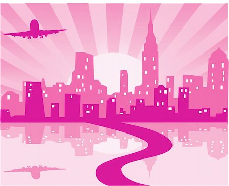 vector illustration of pink city with road, plane and reflection Foto de stock - Super Valor sin royalties y Suscripción, Código: 400-04803338