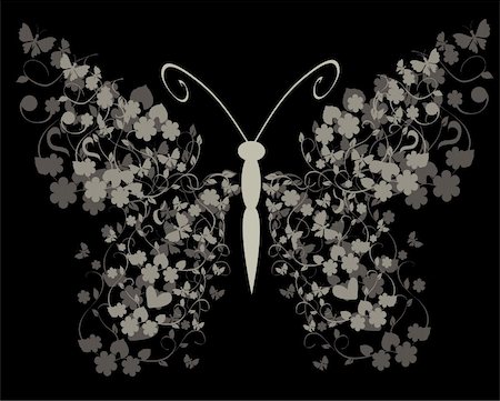 vector illustration of floral vintage butterfly on black background Stock Photo - Budget Royalty-Free & Subscription, Code: 400-04803347