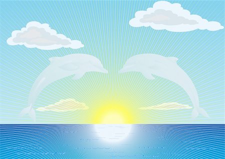 dolphin in the horizon - On the horizon of the ocean the sun shines. Clouds float across the sky. Two dolphins in the color of clouds against the blue sky Stock Photo - Budget Royalty-Free & Subscription, Code: 400-04816344