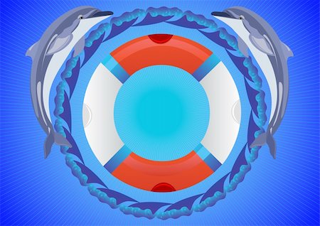 Abstract blue background. Lifebuoy is surrounded by ocean waves and two dolphins Stock Photo - Budget Royalty-Free & Subscription, Code: 400-04816348