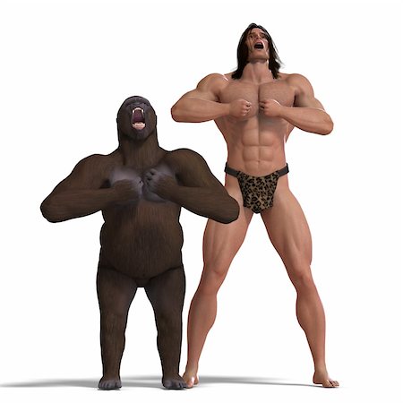 the apeman and the gorilla are ground friends. 3D rendering with clipping path and shadow over white Stock Photo - Budget Royalty-Free & Subscription, Code: 400-04818669