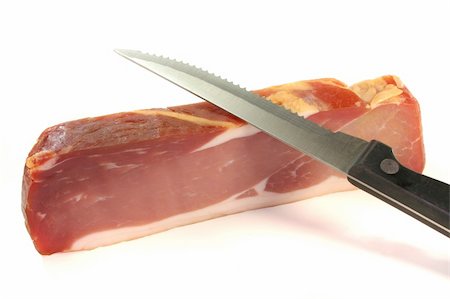simsearch:400-04885499,k - smoked bacon with a knife on a white background Stock Photo - Budget Royalty-Free & Subscription, Code: 400-04820195