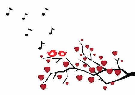 vector illustration of love branch with birds and musical notes Stock Photo - Budget Royalty-Free & Subscription, Code: 400-04820719