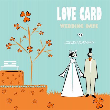simsearch:400-04672314,k - Wedding card, love, congratulations emblem. Vector weddings icons with cake and couple at nature and love tree Stock Photo - Budget Royalty-Free & Subscription, Code: 400-04821641