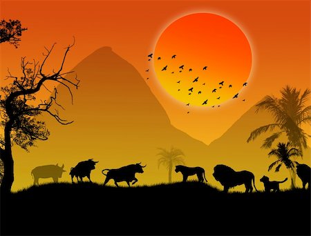 simsearch:400-04836462,k - Wild animals silhouette on beautiful  landscape sunset, vector illustration Foto de stock - Super Valor sin royalties y Suscripción, Código: 400-04836462