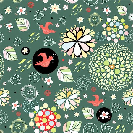 repeated spring floral pattern with red birds on a dark green background Stock Photo - Budget Royalty-Free & Subscription, Code: 400-04838806