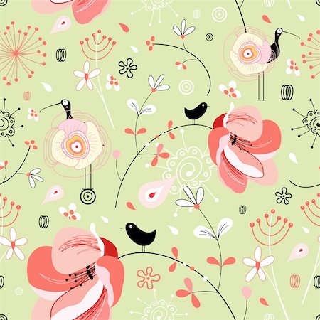 seamless floral pattern with a spring bird on a green background Stock Photo - Budget Royalty-Free & Subscription, Code: 400-04838903