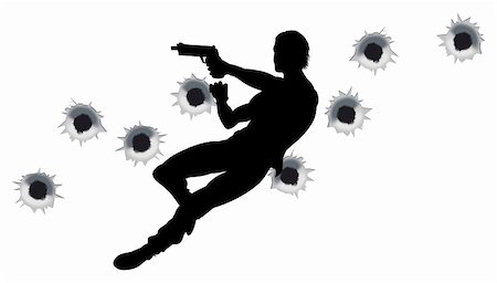 Action hero leaping through the air and shooting in film style gun fight action sequence. With bullet holes. Stock Photo - Budget Royalty-Free & Subscription, Code: 400-04833178