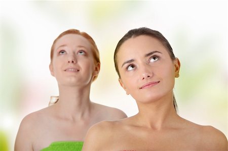 simsearch:400-05322963,k - Spa - portrait of two woman - redhead and brunette - looking up Stock Photo - Budget Royalty-Free & Subscription, Code: 400-04845236