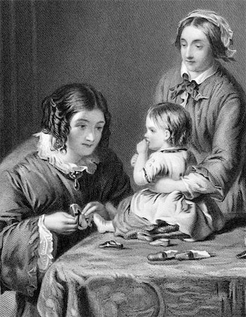 Mother trying new shoes to her child on engraving from 1866. Engraved by H.Bourne after a painting by W.P.Frith. Stock Photo - Budget Royalty-Free & Subscription, Code: 400-04845818