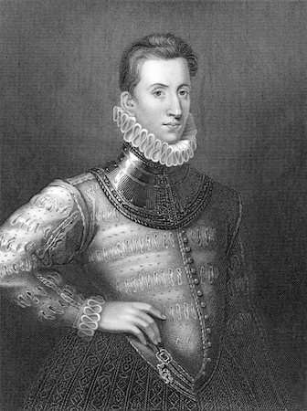 simsearch:400-05228888,k - Sir Philip Sidney (1554-1586) on engraving from 1838. English poet, courtier and soldier. One of the most prominent figures of the Elizabethan Age. Engraved by H.Robinson and publised by J.F.Tallis, London & New York. Stock Photo - Budget Royalty-Free & Subscription, Code: 400-04845820