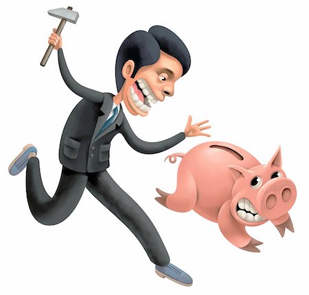 running away scared - Desperate Businessman with Hammer is persecuting a fat Pig full of saved Money Stock Photo - Budget Royalty-Free & Subscription, Code: 400-04847096