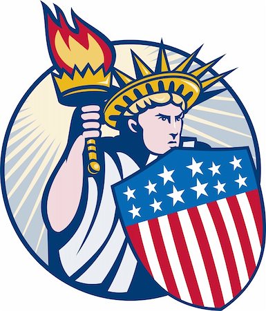 statue of liberty us flag - illustration of lady statue of liberty with torch and shield set inside oval. Stock Photo - Budget Royalty-Free & Subscription, Code: 400-04848104