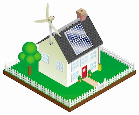 solar panel home - An illustration of a sustainable renewable energy house with solar panels and wind turbine Stock Photo - Budget Royalty-Free & Subscription, Code: 400-04840949