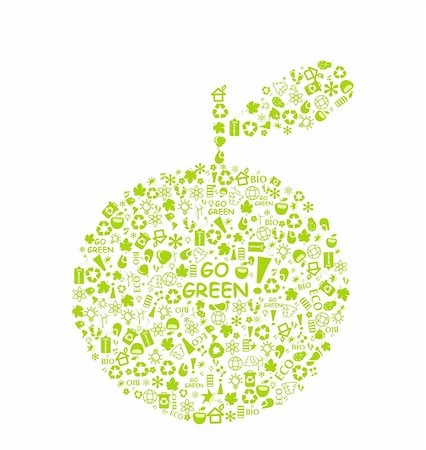 earth friendly - go green eco pattern apple on white backdrop - bulb, leaf, globe, drop, apple, house, trash. Ecology concept. Stock Photo - Budget Royalty-Free & Subscription, Code: 400-04842147