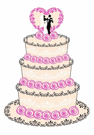 wedding cake with couple, heart and roses, vector illustration Stock Photo - Budget Royalty-Free & Subscription, Code: 400-04856892