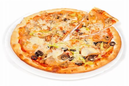 simsearch:400-04479187,k - seafood pizza closeup with salmon, shrimps, tomato, pepper, olive and mozzarella cheese on a white background Stock Photo - Budget Royalty-Free & Subscription, Code: 400-04858955