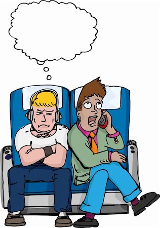 Frustrated muscular passenger with thought balloon sits next to loud man on mobile telephone. Foto de stock - Super Valor sin royalties y Suscripción, Código: 400-04850492