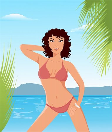 simsearch:400-04702742,k - Illustration pretty brunette girl on beach - vector Stock Photo - Budget Royalty-Free & Subscription, Code: 400-04851975