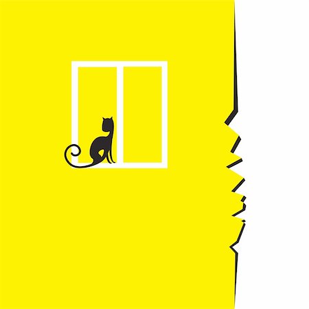 Crack in the wall with a window and a sitting cat.  Illustration on white background Stock Photo - Budget Royalty-Free & Subscription, Code: 400-04865350