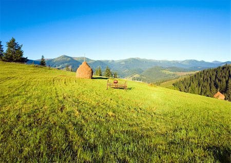 simsearch:400-05719580,k - Summer mountain village outscirts with field, haystack and old mowing machine Photographie de stock - Aubaine LD & Abonnement, Code: 400-04866516