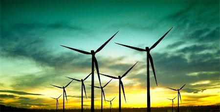 Wind turbines silhouette at sunset Stock Photo - Budget Royalty-Free & Subscription, Code: 400-04867411