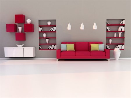 3d rendering interior of the living room, modern room, brown wall and red sofa Stock Photo - Budget Royalty-Free & Subscription, Code: 400-04861490