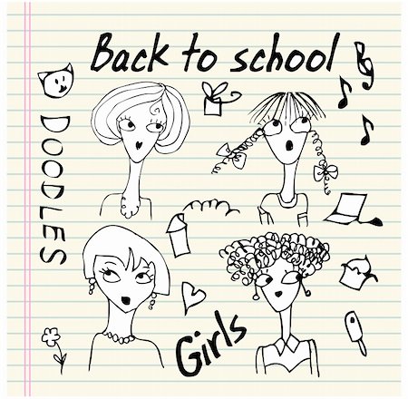 Hand-Drawn Back to School Sketchy Notebook Doodles with  girls set cartoon face Stock Photo - Budget Royalty-Free & Subscription, Code: 400-04877515