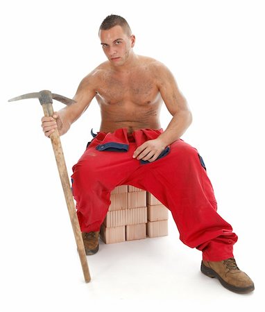Topless construction worker with pickax on white background Stock Photo - Budget Royalty-Free & Subscription, Code: 400-04877538