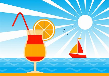 simsearch:400-05944023,k - vector background with cocktail on beach and sailboat floating on sea, Adobe Illustrator 8 format Stock Photo - Budget Royalty-Free & Subscription, Code: 400-04877747