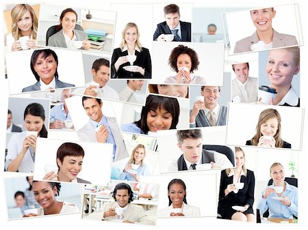 Collage of people drinking coffee at the office Stock Photo - Budget Royalty-Free & Subscription, Code: 400-04870872