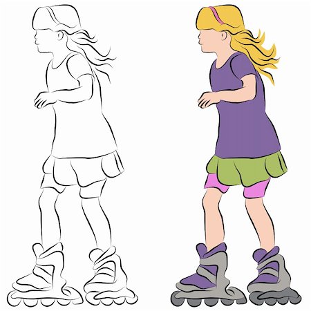 An image of a rollerblading little girl line drawing. Stock Photo - Budget Royalty-Free & Subscription, Code: 400-04873337