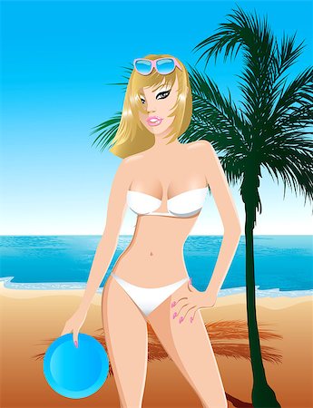 simsearch:400-04334131,k - Vector Illustration of a white swimsuit girl on the beach with a disc and palm tree. Stock Photo - Budget Royalty-Free & Subscription, Code: 400-04888319