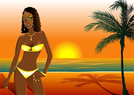 Vector Illustration of a woman in yellow swimsuit on beach during sunset/sunrise. Stock Photo - Budget Royalty-Free & Subscription, Code: 400-04888328