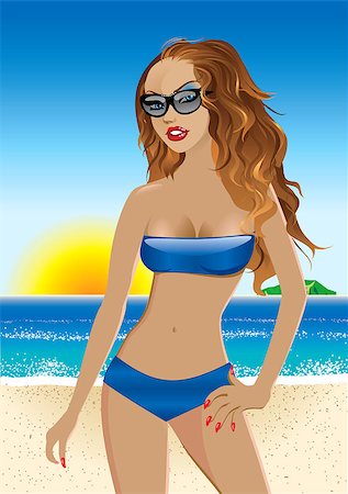 simsearch:400-04334131,k - Vector Illustration of a blue bikini girl on the beach. Stock Photo - Budget Royalty-Free & Subscription, Code: 400-04888332