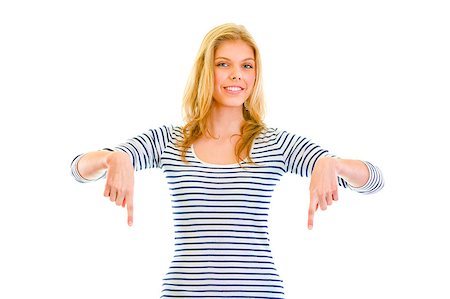 simsearch:400-05888428,k - Smiling beautiful teen girl pointing fingers down isolated on white Stock Photo - Budget Royalty-Free & Subscription, Code: 400-04880276
