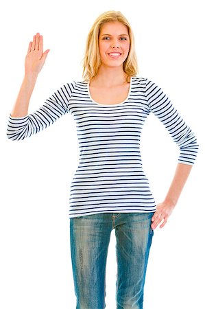 simsearch:400-05888428,k - Smiling beautiful teen girl showing salutation gesture isolated on white Stock Photo - Budget Royalty-Free & Subscription, Code: 400-04880278