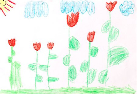 pencil painting pictures images kids - Children's drawing - colored flowers Stock Photo - Budget Royalty-Free & Subscription, Code: 400-04880609