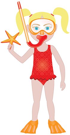 Vector of Blond girl in swimsuit with snorkel and starfish. Stock Photo - Budget Royalty-Free & Subscription, Code: 400-04895638