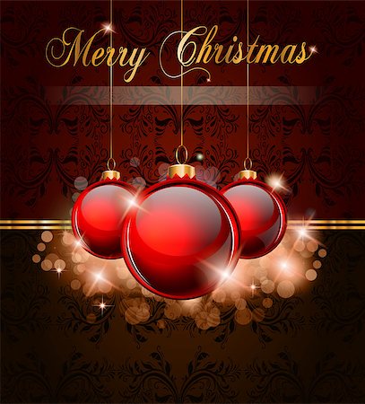 Elegant Merry Cristmas and Happy New Year background with vintage seamless wallpaper and glossy red baubles. Stock Photo - Budget Royalty-Free & Subscription, Code: 400-04895994