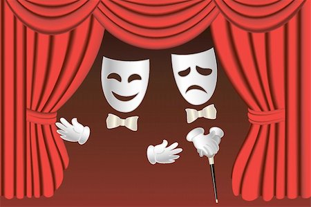 drama faces happy and sad - White theater masks with bow ties, gloves, walkingstick and classical red theater curtains. Also available as a vector in Adobe Illustrator EPS format, compressed in a zip file. The vector version can be scaled to any size without loss of resolution. Stock Photo - Budget Royalty-Free & Subscription, Code: 400-04899091