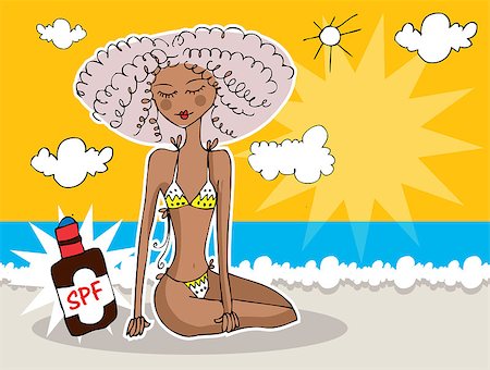 sun tanned woman cartoon - Girl at summer beach banner / Sea, sun protection card Stock Photo - Budget Royalty-Free & Subscription, Code: 400-04892919