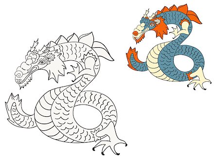 vector dragon coloring page with example in color Stock Photo - Budget Royalty-Free & Subscription, Code: 400-04893188