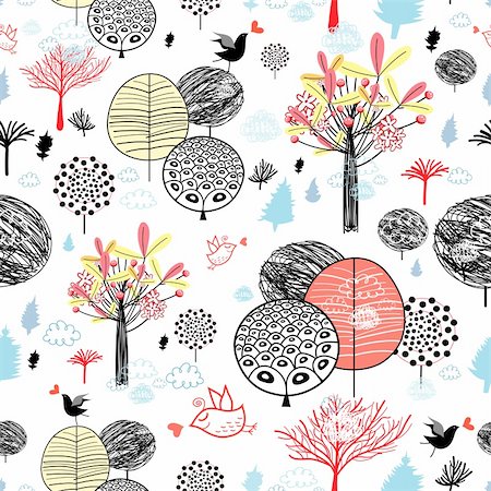 simsearch:400-05375439,k - seamless pattern from autumn trees and birds on white Stock Photo - Budget Royalty-Free & Subscription, Code: 400-04906314