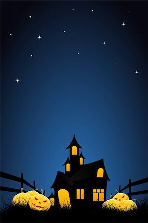 Halloween night background with pumpkins  house and stars Stock Photo - Budget Royalty-Free & Subscription, Code: 400-04906862