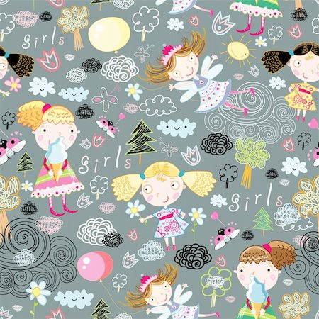 simsearch:400-05375439,k - seamless pattern of gay girls on a gray background with clouds and trees Stock Photo - Budget Royalty-Free & Subscription, Code: 400-04907768