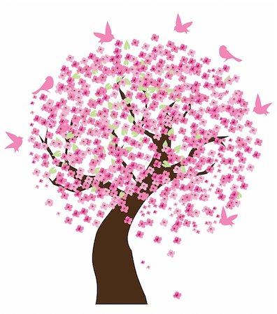 Vector illustration of a cherry tree in blossom with birds Stock Photo - Budget Royalty-Free & Subscription, Code: 400-04907890