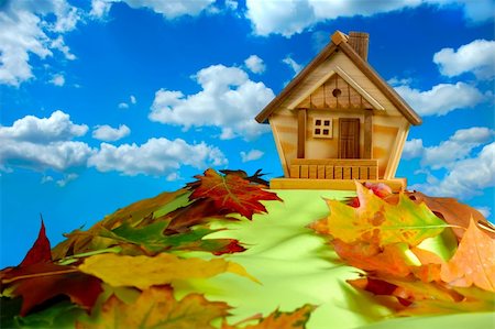 simsearch:400-04909150,k - Wooden house on a hill covered with fallen autumn leaves under blue cloudy sky Stock Photo - Budget Royalty-Free & Subscription, Code: 400-04909162