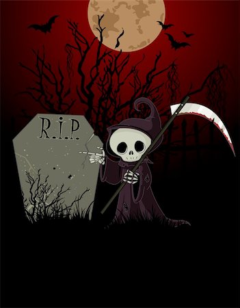 simsearch:400-03971352,k - Cute cartoon grim reaper with scythe pointing to tombstone Foto de stock - Super Valor sin royalties y Suscripción, Código: 400-04909737