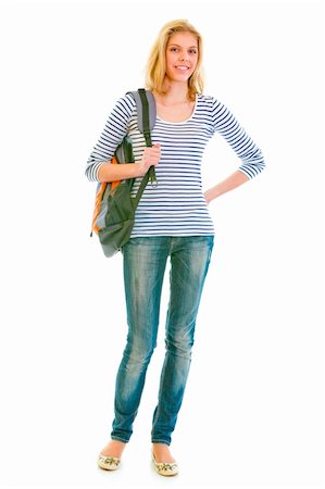 Full length portrait of smiling pretty girl with schoolbag  isolated on white Stock Photo - Budget Royalty-Free & Subscription, Code: 400-04909932